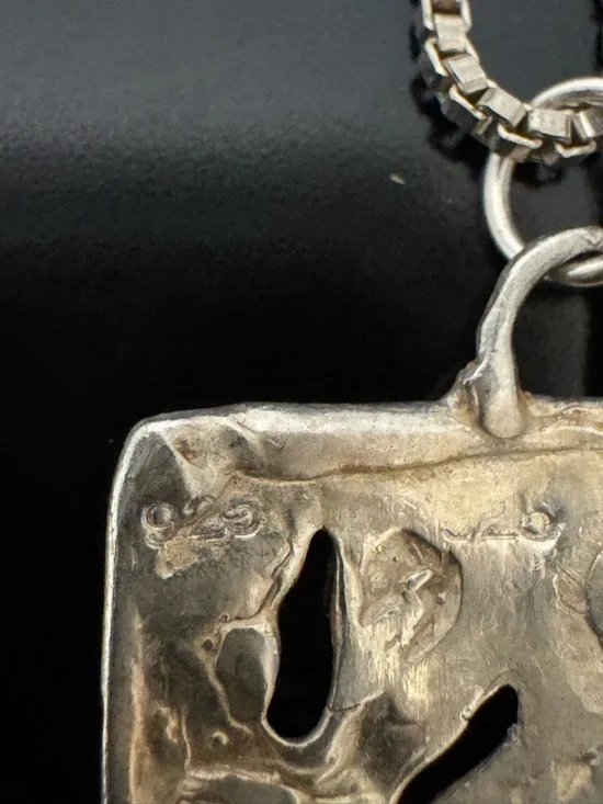 Sterling Silver Textured Rectangle Pendant Necklace with Onyx - Brutalist 24”